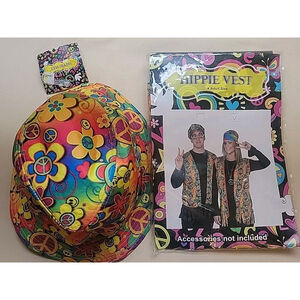 NEW Adult Hippie Flower Child 60s/70s Costume Cosplay Vest And Bucket Hat
